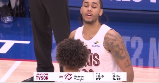 互动-得分平赛季纪录！泰森迎着恩比德压哨高抛命中 个人27分